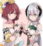  2girls arm_ribbon atelier_(series) atelier_sophie bad_id bad_pixiv_id bare_shoulders brown_eyes brown_hair covered_navel gloves green_eyes hair_ornament hat heart heart_hands heart_hands_duo holding_hands interlocked_fingers jewelry long_hair low_twintails maromi_(am97) multiple_girls necklace plachta ribbon see-through shirt short_hair short_sleeves silver_hair single_glove smile sophie_neuenmuller symbol-shaped_pupils twintails upper_body very_long_hair yuri 