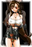  artist_request breasts brown_hair cleavage final_fantasy final_fantasy_vii huge_breasts large_breasts long_hair looking_at_viewer nipples red_eyes skirt source_request tifa_lockhart tight tight_clothing tight_shirt underboob 