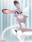  2016 anthro blue_background blue_eyes buckteeth butt disney english_text female fur grey_fur hi_res judy_hopps lagomorph mammal nude patreon pink_nose pussy rabbit raised_leg simple_background smile solo teeth text tsampikos white_fur zootopia 