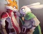  2016 anthro canine clothed clothing duo eye_contact fox fully_clothed fur lagomorph lapino male mammal nurinaki orange_fur rabbit reynardo standing stories white_fur 