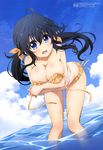 2015 absurdres ahoge alternate_hairstyle bare_shoulders bent_over bikini black_hair blue_eyes blue_sky blush breasts cleavage cloud crossed_arms d: day frilled_bikini frills hair_between_eyes hair_ribbon highres large_breasts long_hair long_legs looking_at_viewer low_twintails magazine_scan megami netoge_no_yome_wa_onna_no_ko_janai_to_omotta? ocean official_art open_mouth orange_bikini ribbon scan side-tie_bikini sky solo swimsuit tamaki_ako teeth twintails wading wardrobe_malfunction water wet yano_akane 