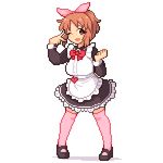  :d ;d abe_nana apron arm_up black_dress black_footwear blush bow bowtie brown_eyes brown_hair dress frilled_dress frills full_body hair_ribbon hand_gesture heart idolmaster idolmaster_cinderella_girls long_sleeves looking_at_viewer lowres maid maid_apron mary_janes one_eye_closed open_mouth pigeon-toed pink_legwear pink_ribbon pixel_art po_(pch3417) red_bow red_neckwear ribbon shoes short_hair simple_background smile solo thighhighs v white_apron white_background zettai_ryouiki 