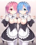  :o apron asymmetrical_docking black_dress blue_eyes blue_hair blush breast_press breasts breasts_outside cleavage cowboy_shot detached_collar detached_sleeves dress frills hair_ornament hair_over_one_eye hair_ribbon hairband highres holding_hands interlocked_fingers large_breasts looking_at_viewer maid multiple_girls mumu_(mumunyan) nipples pantyhose parted_lips pink_hair pink_ribbon ram_(re:zero) re:zero_kara_hajimeru_isekai_seikatsu red_ribbon rem_(re:zero) ribbon ribbon-trimmed_sleeves ribbon_trim short_hair siblings sisters standing symmetrical_pose twins waist_apron white_apron white_legwear x_hair_ornament 