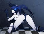  against_wall ass back belt bikini_top black_gloves black_hair black_rock_shooter black_rock_shooter_(character) blue_eyes boots checkered checkered_floor cracked_wall geworin gloves glowing glowing_eye highres long_hair looking_at_viewer looking_back pale_skin short_shorts shorts solo strap_gap twintails uneven_twintails wall 