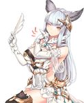  akaneyu_akiiro animal_ears bangs bare_shoulders black_legwear blunt_bangs blush breasts cat_ears dress elbow_gloves erune gloves granblue_fantasy hair_ornament korwa large_breasts long_hair one_eye_closed pain quill silver_eyes silver_hair simple_background solo thighhighs white_background 