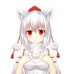  animal_ears banned_artist blush breasts detached_sleeves hat highres inubashiri_momiji looking_at_viewer medium_breasts oohirakeisuke red_eyes short_hair simple_background smile solo tokin_hat touhou upper_body white_background wolf_ears 