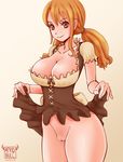  afrobull bottomless breasts cleavage curvy dress_lift large_breasts long_hair nami_(one_piece) one_piece orange_eyes orange_hair pussy skirt skirt_lift solo thick_thighs wide_hips 