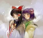  blush breath brown_hair detached_sleeves flower hair_flower hair_ornament hair_ribbon hair_tubes hakurei_reimu hand_on_another's_shoulder hieda_no_akyuu highres japanese_clothes kayako_(tdxxxk) long_hair miko multiple_girls purple_eyes purple_hair red_eyes ribbon scarf short_hair smile touhou 