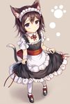  absurdres animal_ears apron blush brown_hair cat_ears cat_tail detached_collar dress from_above full_body grey_background hair_between_eyes hair_ornament hairclip highres looking_at_viewer looking_up maid maid_apron maid_headdress original paw_print purple_eyes sakura_ani shoes short_hair skirt skirt_hold solo tail tsurime white_legwear wrist_cuffs x_hair_ornament 