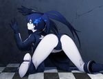  against_wall ass belt black_gloves black_hair black_rock_shooter black_rock_shooter_(character) blue_eyes checkered checkered_floor coat cracked_wall geworin gloves glowing glowing_eye highres long_hair looking_at_viewer looking_back pale_skin short_shorts shorts solo twintails uneven_twintails wall 