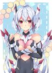  ahoge armor breasts center_opening fingerless_gloves gloves hair_between_eyes hair_rings headgear hexagon large_breasts long_hair looking_at_viewer matoi_(pso2) milkpanda phantasy_star phantasy_star_online_2 red_eyes silver_hair smile solo twintails upper_body 