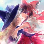  blonde_hair brown_hair closed_eyes detached_sleeves grin hair_ribbon hair_tubes hakurei_reimu hat highres hug japanese_clothes kayako_(tdxxxk) kirisame_marisa long_hair looking_at_another miko multiple_girls red_eyes ribbon smile touhou witch_hat yuri 