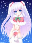  :o amamiya_marron bangs blue_eyes blush bottomless bow capelet eyebrows eyebrows_visible_through_hair flat_chest gloves green_bow holding long_hair looking_at_viewer navel original pink_bow sack snowing solo thighhighs twintails very_long_hair white_hair white_legwear 