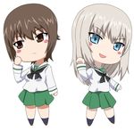  alternate_costume blouse blue_eyes blue_legwear blush_stickers brown_eyes brown_hair chibi cross girls_und_panzer green_skirt itsumi_erika kneehighs long_hair long_sleeves looking_at_viewer looking_to_the_side multiple_girls neckerchief nishizumi_maho open_mouth pleated_skirt ribonzu school_uniform serafuku short_hair silver_hair simple_background skirt uniform white_background white_blouse 