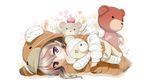  animal_costume bandaged_arm bandages bear_costume boko_(girls_und_panzer) boko_(girls_und_panzer)_(cosplay) cosplay doll_hug excel_(shena) girls_und_panzer grey_eyes highres kigurumi looking_at_viewer lying on_side pajamas shimada_arisu silver_hair smile solo stuffed_animal stuffed_toy teddy_bear 