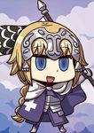  :d april_fools armor blonde_hair blue_eyes chibi fate/apocrypha fate/grand_order fate_(series) flag gauntlets headpiece jeanne_d'arc_(fate) jeanne_d'arc_(fate)_(all) official_art open_mouth riyo_(lyomsnpmp) smile solo 