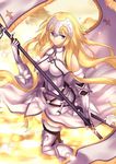  armor armored_dress banner bare_shoulders blonde_hair boots fate/apocrypha fate_(series) gauntlets gogatsu_fukuin headpiece highres jeanne_d'arc_(fate) jeanne_d'arc_(fate)_(all) light_rays long_hair petals smile solo sunbeam sunlight sword thigh_boots thighhighs weapon 