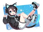  android animal_ears artist_name black_hair blue_eyes cat_ears catboy collar commentary_request fangs hood hood_down hoodie looking_at_viewer male_focus nabenko neon_trim open_mouth original robot_ears shoes shorts smile solo tail 