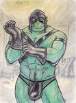  2015 abs alexyorim armband bdsm beard bondage bound clothing dungeon ear_piercing facial_hair gloves green_skin harness hi_res hood humanoid leather male muscular muscular_male orc piercing scar smirk solo thong traditional_media_(artwork) tusks watercolor_(artwork) 
