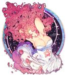  1girl armpits arms_behind_head arms_up breasts cleavage closed_eyes constellation curly_hair dress gem highres large_breasts long_hair navel_cutout parted_lips petals pigeon666 pink_hair rose_quartz_universe solo sparkle star_(sky) steven_universe upper_body very_long_hair white_dress 