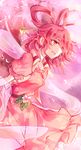  :d alternate_color alternate_eye_color alternate_hair_color commentary_request dress flower hair_ornament hair_rings hair_stick kaku_seiga kutsuki_kai leaf open_mouth pink_dress pink_eyes pink_hair profile puffy_short_sleeves puffy_sleeves sash shawl short_hair short_sleeves smile solo touhou vest 