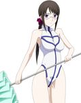  aquarion_(series) aquarion_evol black_hair casual_one-piece_swimsuit glasses holding long_hair one-piece_swimsuit ponytail purple_eyes ribonzu simple_background solo suomi_konepi swimsuit white_background 