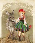  animal bandana bangs blonde_hair blouse blush boots bow braid brown_footwear cobblestone cross-laced_footwear donkey dress floral_print flower grass hair_bow hair_flower hair_ornament hair_over_shoulder hat head_scarf holding holding_flower kuga_tsukasa lace lace-trimmed_collar lace-up_boots long_sleeves looking_at_viewer no_socks original pack_animal pansy parted_lips poppy_(flower) red_bow reins road skirt smile solo striped striped_skirt swept_bangs traditional_clothes tree twin_braids vertical-striped_skirt vertical_stripes walking white_blouse wing_collar 