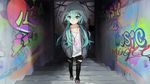  aqua_eyes aqua_hair black_pants closed_mouth collarbone english graffiti hands_in_pockets hatsune_miku heart hood hooded_jacket jacket jewelry long_hair looking_away low_twintails marchen_noir necklace number open_clothes open_jacket pants shirt shoes solo stairs torn_clothes twintails unzipped very_long_hair vocaloid white_shirt 