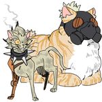  animal animalization black_eyes blonde_hair burnt burnt_hair cat cat_focus clothed_animal collar crazy_eyes crazy_smile flat_color full_body gas_mask grey_cat grey_fur hatching_(texture) junkrat_(overwatch) lillu looking_at_viewer lowres lying mask messy_hair no_humans on_stomach orange_cat orange_fur orange_sclera overwatch paws plump ponytail prosthesis prosthetic_leg roadhog_(overwatch) simple_background sketch slit_pupils smoke spiked_collar spikes standing striped tabby_cat uneven_eyes whiskers white_background white_fur yellow_sclera 