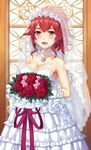  :d anna_(fire_emblem) armpits bangs bare_shoulders blurry blush bouquet breasts bridal_veil bride choker cleavage collarbone cowboy_shot depth_of_field dress earrings elbow_gloves fire_emblem fire_emblem:_kakusei flipped_hair flower flower_earrings frilled_dress frills gloves highres holding holding_bouquet holding_flower indoors jewelry lace lace-trimmed_dress large_breasts layered_dress long_hair looking_at_viewer open_mouth pendant pink_flower pink_rose ponytail red_eyes red_flower red_hair red_ribbon red_rose ribbon rose see-through sidelocks smile solo strapless strapless_dress tareme tonee veil wedding_dress white_dress white_gloves window 