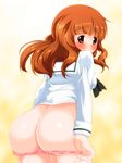  artist_request ass blush breasts brown_eyes butt_crack from_behind girls_und_panzer huge_ass large_breasts long_hair looking_at_viewer looking_back mooning nora_ichigo orange_hair panties panty_pull pink_hair school_uniform serafuku shiny shiny_hair shiny_skin sideboob solo takebe_saori 