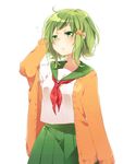  ahoge alternate_costume arm_at_side asagao_minoru bangs blouse blush cardigan carrot_hair_ornament closed_mouth colored_eyelashes cowboy_shot eyebrows eyebrows_visible_through_hair eyelashes food_themed_hair_ornament green_eyes green_hair green_skirt gumi hair_ornament hairclip hand_on_own_head hand_up highres kerchief long_sleeves messy_hair off_shoulder open_cardigan open_clothes pleated_skirt school_uniform serafuku shade short_hair short_hair_with_long_locks sidelocks simple_background skirt solo vocaloid wavy_mouth white_background white_blouse 