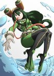  absurdres asui_tsuyu black_footwear black_legwear bodysuit boku_no_hero_academia boots frog_girl gloves goggles goggles_on_head green_bodysuit green_eyes green_hair hair_rings highres jumping long_hair long_tongue low-tied_long_hair solo thigh_boots thighhighs tongue tongue_out unknown_(dgraymem) water white_gloves 