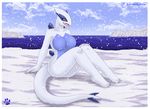  2015 anthro anthrofied big_breasts breasts cyan_eyes day female ice legendary_pok&eacute;mon lugia nintendo nude open_mouth pok&eacute;mon pok&eacute;morph shinn sitting sky snow snowing solo video_games water 