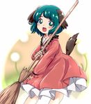  :d ameyu_(rapon) animal_ears bad_id bad_twitter_id bamboo_broom blush broom cowboy_shot dog_ears dog_tail dress eyebrows eyebrows_visible_through_hair floppy_ears green_eyes green_hair kasodani_kyouko looking_at_viewer open_mouth short_hair smile solo tail touhou white_background 
