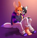  absract_background anthro blue_eyes clothing collar digital_media_(artwork) dion_(artist) duo eyewear fur girly glasses hair hi_res kai_yun-jun lagomorph long_ears male male/male mammal orange_fur orange_hair pozy purple_fur rabbit shackles smile white_fur yellow_fur 