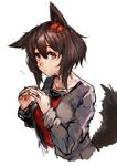  1girl :/ animal_ears brown_hair grey_jacket highres jacket looking_at_viewer maido_mido open_clothes open_jacket orange_eyes original red_shirt shirt simple_background sketch solo steepled_fingers tail upper_body whiskers white_background 