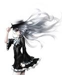  absurdres bad_id bad_pixiv_id black_dress closed_mouth copyright_request dress from_side grey_hair gyup hand_on_headwear hat highres long_hair peaked_cap profile red_eyes simple_background solo white_background wide_sleeves 