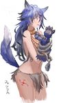 animal_ears blue_hair bound bound_arms bound_wrists fang fenrir_(shingeki_no_bahamut) granblue_fantasy highres jewelry kineshin long_hair navel necklace open_mouth paws pink_eyes shingeki_no_bahamut solo tail wolf_ears wolf_tail 