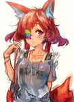  animal_ears arms_behind_back bag blush closed_mouth clothes_writing english eyepatch fox_ears fox_tail grey_shirt handbag looking_at_viewer maido_mido original pink_eyes red_hair ring_necklace shirt short_hair_with_long_locks simple_background sketch solo tail white_background 