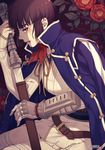  artist_name bangs belt blood blood_in_mouth blunt_bangs brown_hair flower gauntlets isabeau_(smt) looking_at_viewer profile ribbon sheath sheathed shin_megami_tensei_iv short_hair sidelocks solo sword tears torn_clothes usagi_me weapon 