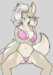 &lt;3 anthro big_breasts bikini breasts canine cleavage clothed clothing eye_markings female fur grey_fur hair mammal skimpy solo swimsuit undressing white_hair wolf xopachi yellow_eyes 