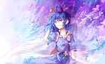  :d arm_up blue_dress blue_eyes blue_hair commentary_request dress flower hair_ornament hair_rings hair_stick kaku_seiga kutsuki_kai leaf looking_away open_mouth puffy_short_sleeves puffy_sleeves sash shaded_face shawl short_hair short_sleeves smile solo touhou upper_body vest 