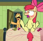  2015 amber_eyes apple_bloom_(mlp) applejack_(mlp) banana bed bed_sheet bedding blonde_hair blush condom cowboy_hat door dsninja duo earth_pony equine female feral food friendship_is_magic fruit fur hair hair_bow hair_ribbon hat hi_res horse inside mammal masturbation my_little_pony pony pussy pussy_juice red_hair ribbons sibling teats yellow_fur 