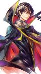  black_gloves black_hair cape code_geass gloves high_collar highres lelouch_lamperouge looking_at_viewer male_focus mi_bait parted_lips purple_eyes simple_background solo upper_body white_background 