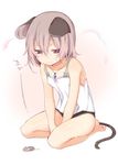  akagashi_hagane animal_ears bare_shoulders barefoot between_legs black_panties breasts camisole collarbone covered_nipples ears_down grey_hair hand_between_legs jewelry mouse mouse_ears mouse_tail nazrin panties pendant red_eyes short_hair sitting small_breasts solo sweat tail touhou translated underwear v_arms 