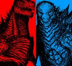 blue_background claws digital_media_(artwork) dinosaur godzilla godzilla_(series) kaiju nightmare_fuel red_background simple_background sketch spikes teeth unknown_artist 