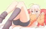  :o ahoge alternate_costume ass black_legwear black_shorts blue_eyes blush braid casual covered_mouth eyebrows eyebrows_visible_through_hair from_below green_background hair_between_eyes hair_flaps ia_(vocaloid) kneehighs long_hair long_sleeves loose_clothes lying no_shoes on_back on_bed orange_sweater pillow polka_dot polka_dot_background sakidaminami shorts solo sweater twin_braids very_long_hair vocaloid 