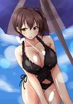  bikini black_eyes black_hair breasts chan_(akuty_ikkot) cleavage highres huge_breasts kaga_(kantai_collection) kantai_collection leaning_over short_hair side_ponytail solo swimsuit 