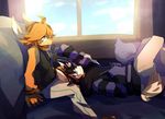  absract_background anthro blue_eyes clothing collar digital_media_(artwork) eyewear fur glasses hair hi_res kai_yun-jun long_ears lying male male/male nokino orange_fur orange_hair pozy purple_fur shackles smile white_fur yellow_fur 